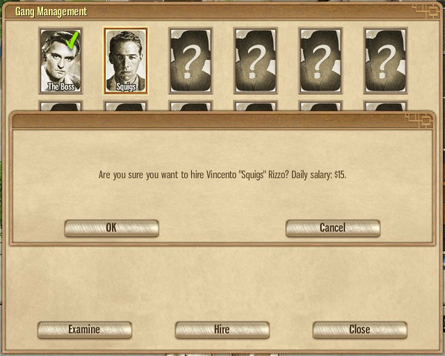 The panel displays all currently available gangsters. In the first mission, you can only use your character and Squigs. - Maine Ave - Act I - Omerta: City of Gangsters - Game Guide and Walkthrough