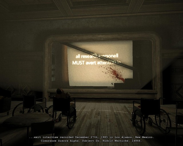 The cinema room, with the document at the back - Return to the Administration Block - Collectibles - Documents - Outlast - Game Guide and Walkthrough