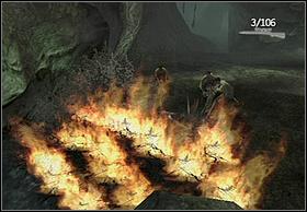 Take advantage of lighted spear and set the shrubbery on fire to clear the way for comrades - Swamps - Walkthrough - Peter Jacksons King Kong - Game Guide and Walkthrough