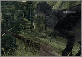 You should see Ann running along the glade at the exit, so head to her quickly (take the top shelf), but if the tyrannosaurus rex will surpass you (right screenshot), you wont be able to save Ann in time - To Save Ann - Walkthrough - Peter Jacksons King Kong - Game Guide and Walkthrough