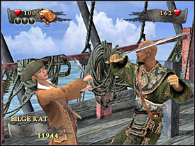 MAKE SURE you are holding the block button, as the fight will resume without any apparent warning (#1) - Mission 10 - part 1 - Mission 10 - Sea Battle - Pirates of the Caribbean: At Worlds End - Game Guide and Walkthrough