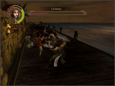 The way will open and the peasants life will appear on the screen - it shouldnt be a problem until you reach the jetty - try to kill as many pirates before they run up, afterwards break their groups up with Heavy Attacks so they dont kill the peasants - Sacked Without a Shot - Missions - Pirates of the Caribbean: Legend of Jack Sparrow - Game Guide and Walkthrough