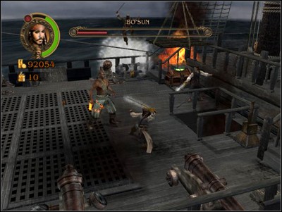 After he stops run to the side of the ship closer to the camera, and the Interceptor will give Bosun a cannonball in the face - Broadsides - Missions - Pirates of the Caribbean: Legend of Jack Sparrow - Game Guide and Walkthrough