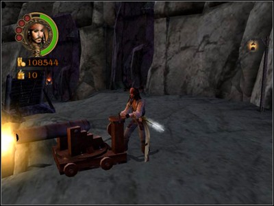 First empty the chest to the left, next run down the path until you reach the cannon - Pirates Cursed and Even Worse - Missions - Pirates of the Caribbean: Legend of Jack Sparrow - Game Guide and Walkthrough
