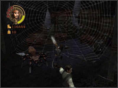 After you finish off the beasts, cut up the webs, loot the chests and go to the right side of the room, where you must cut the base of the platform with an axe - The Last Shot - Missions - Pirates of the Caribbean: Legend of Jack Sparrow - Game Guide and Walkthrough