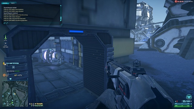 In the foreground, a poorly hidden generator, with a powerful energetic shield in the background - Objects on the map - Territories and seizing territories - PlanetSide 2 - Game Guide and Walkthrough