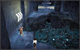 The corridor starts to fall apart so you have to be very careful if you don't want to fall in one of holes which are filled with black slime and spring up everywhere - The Prologue - part 2 - Walkthrough - Prince of Persia - Game Guide and Walkthrough