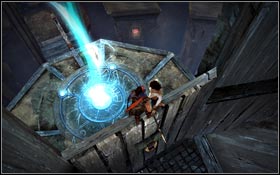 By using a metal ring jump to the other side and let Elika heal the location - Ruined Citadel - The Windmills - Ruined Citadel - Prince of Persia - Game Guide and Walkthrough