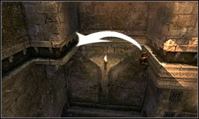 Inside the room, run along up the wall twice, move the analog stick in the direction of the jump (left in this case) and jump - the Prince will grab the fissure on the other side - Walkthrough - The Ramparts - Walkthrough - Prince of Persia: The Forgotten Sands - Game Guide and Walkthrough