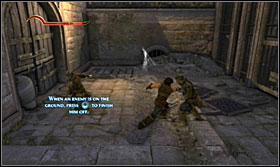 Go across the beam to the other side and jump onto the flag - the Prince will ride it down to the lower level - Walkthrough - The Fortress - Walkthrough - Prince of Persia: The Forgotten Sands - Game Guide and Walkthrough