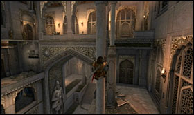 In the big room, jump onto the closest column and onto another after climbing up - Walkthrough - The Palace Courtyard - Walkthrough - Prince of Persia: The Forgotten Sands - Game Guide and Walkthrough