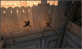 After the fight, look for a wall with stones, climb up and jump onto the nearest column - Walkthrough - The Palace Courtyard - Walkthrough - Prince of Persia: The Forgotten Sands - Game Guide and Walkthrough