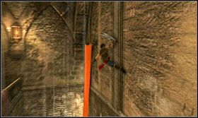 Once you get to the flag, do a wallrun and the Prince will ride it down to the lower level - Walkthrough - The Treasure Vault - Walkthrough - Prince of Persia: The Forgotten Sands - Game Guide and Walkthrough
