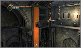 While standing on the fragment, jump towards the pole - Walkthrough - The Stables - Walkthrough - Prince of Persia: The Forgotten Sands - Game Guide and Walkthrough