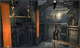 From the beam, jump on top of the distant element and from there towards the next lever - Walkthrough - The Stables - Walkthrough - Prince of Persia: The Forgotten Sands - Game Guide and Walkthrough