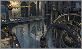Jump onto the upper beam on the second mechanism, from it to a column and afterwards onto the upper beam of the first mechanism - Walkthrough - The Works - Walkthrough - Prince of Persia: The Forgotten Sands - Game Guide and Walkthrough