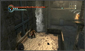 At the spot where the water halls down vertically, approach the wall, freeze time, run up and jump towards the cascade - Walkthrough - Rekems Throne Room - Walkthrough - Prince of Persia: The Forgotten Sands - Game Guide and Walkthrough