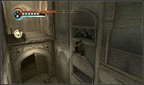 Quickly run onto the switch, bounce off, fall down a bit and jump towards the corridor - Walkthrough - The Palace - Walkthrough - Prince of Persia: The Forgotten Sands - Game Guide and Walkthrough