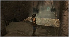 Jump through the middle of the room and you will get to a column hanging from the ceiling, from which you have to jump onto the plank sticking out of the wall - Sarcophaguses - Walkthrough - Prince of Persia: The Forgotten Sands - Game Guide and Walkthrough