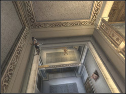 Jump on the catwalk to the left, reach its end and jump up upwards to catch up the stone window-sill - The Palace Balcony - Walkthrough - Prince of Persia: The Two Thrones - Game Guide and Walkthrough