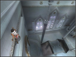 Localize the narrow stone window-sill on the side, stretching on along the wall above the nearest window - The Trapped Hallway - Walkthrough - Prince of Persia: The Two Thrones - Game Guide and Walkthrough