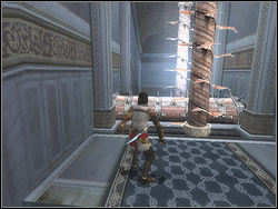 There is another obstacle a bit further, triple this time triple: two horizontal chunks and the column circling between them - The Trapped Hallway - Walkthrough - Prince of Persia: The Two Thrones - Game Guide and Walkthrough