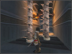 Behind the left bend the next obstacle is blocking the way - three spiky chunks arranged horizontally - The Ruined Palace - Walkthrough - Prince of Persia: The Two Thrones - Game Guide and Walkthrough