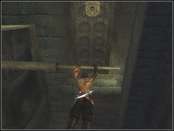 Seized tightly to the ledge take off backwards and catch the pole sticking out of the vertical ceiling - The Sewers - Walkthrough - Prince of Persia: The Two Thrones - Game Guide and Walkthrough