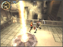 Jump on the back of this enemy who is strolling all the time (use speed kill), and after stabbing him take care of other one - The Fortress - Walkthrough - Prince of Persia: The Two Thrones - Game Guide and Walkthrough