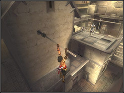 After avoiding the chunk take off hard to the right side and plane to the horizontal bar, sticking out of the building standing close by - The Fortress - Walkthrough - Prince of Persia: The Two Thrones - Game Guide and Walkthrough