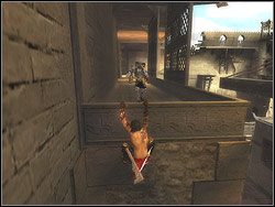 Run over the wall under lowest catwalk, catch its borders and clamber up it - The Fortress - Walkthrough - Prince of Persia: The Two Thrones - Game Guide and Walkthrough
