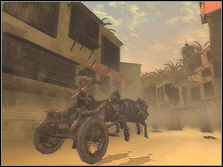 When the enemy chariot will catch up with you, steer (keys left/right) with your cart in order to push enemy aside on the wall and not to be pushed aside yourself - The Fortress - Walkthrough - Prince of Persia: The Two Thrones - Game Guide and Walkthrough