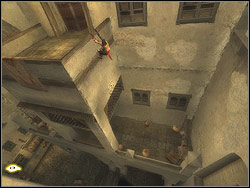 Take off from the bar straight, fly above the backyard and land on the catwalk on the other side - The Lower City - Walkthrough - Prince of Persia: The Two Thrones - Game Guide and Walkthrough