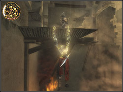 Climb the bar, jump upwards catching the brink of the platform above your head - The Lower City - Walkthrough - Prince of Persia: The Two Thrones - Game Guide and Walkthrough
