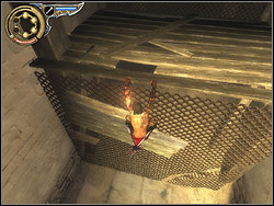 Take off to the right and running horizontally over the wall, at the height of the rectangular mechanism stick the dagger into it - The Lower City Rooftops - Walkthrough - Prince of Persia: The Two Thrones - Game Guide and Walkthrough