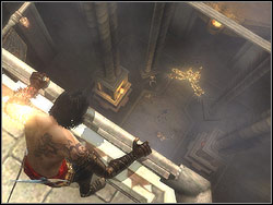 Run onto the wall opposite to the fountain and stick the knife into the groove of the rectangular mechanism - The Temple - Walkthrough - Prince of Persia: The Two Thrones - Game Guide and Walkthrough