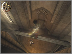 Hang from the other side of the balcony rail and take off to the stone ledge in the wall vis-a-vis - The Temple - Walkthrough - Prince of Persia: The Two Thrones - Game Guide and Walkthrough