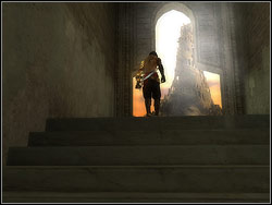 Run horizontally over the right wall, after reaching the springboard take off to the opposite wall for the other springboard, and then jump from it on the floor behind the precipice - The Market District - Walkthrough - Prince of Persia: The Two Thrones - Game Guide and Walkthrough