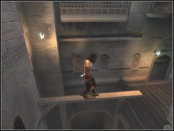 Go over the rail on the left side of the balcony, hung over the other side and jump to the catwalk straight ahead - The Bowery - Walkthrough - Prince of Persia: The Two Thrones - Game Guide and Walkthrough