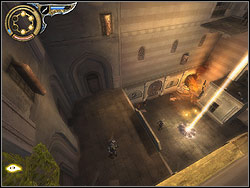 Run horizontally over the wall and catch the catwalk, clamber up it - The Upper City - Walkthrough - Prince of Persia: The Two Thrones - Game Guide and Walkthrough