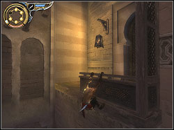 Standing at top level of the ladder take off to the wall back, bounce off it to the wall with the ladder, then jump again back, and forward again and so on until you will reach the rail of the balcony above - The Upper City - Walkthrough - Prince of Persia: The Two Thrones - Game Guide and Walkthrough