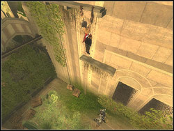 Clamber up the catwalk, jump upwards and catch the ledge above the head - The City Gardens - Walkthrough - Prince of Persia: The Two Thrones - Game Guide and Walkthrough