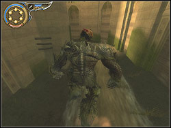 Despite his huge stature the boss is escaping quite fleetly, and therefore you may use the Power of Sands of Time slowing down the time to make things easier (Eye of Storm) - The City Gardens - Walkthrough - Prince of Persia: The Two Thrones - Game Guide and Walkthrough