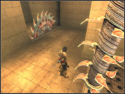 Two moving, stuffed with blades columns, separated with the bit of the spiky floor are waiting for you behind the abyss - The Canal - Walkthrough - Prince of Persia: The Two Thrones - Game Guide and Walkthrough