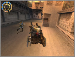 You are driving the chariot second time, with identical principles (only left/right) as in mission 12 - The King's Road - Walkthrough - Prince of Persia: The Two Thrones - Game Guide and Walkthrough