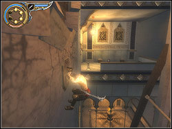 Hanging on the relief bounce off to the right and run across horizontally over the wall to the balcony lighted up near by - The Palace Entrance - Walkthrough - Prince of Persia: The Two Thrones - Game Guide and Walkthrough