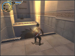 First the moving disc is blocking your way, moving over quite fast from the wall to the wall - The Palace Entrance - Walkthrough - Prince of Persia: The Two Thrones - Game Guide and Walkthrough