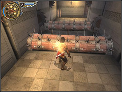 There is next obstacle behind the bend waiting for you: six moving discs in walls and two horizontal spiky chunks, blocking your way - The Lower Tower - Walkthrough - Prince of Persia: The Two Thrones - Game Guide and Walkthrough