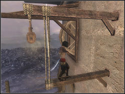 Leave outside, enter the bar and take off to the right, reaching the adjacent rafter trussed up with the string - The Middle Tower - Walkthrough - Prince of Persia: The Two Thrones - Game Guide and Walkthrough