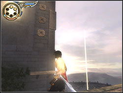 Move over the platform to its end, then jump to the right on the platform near by the wall, being located under the wall with three vertical relieves - The Middle Tower - Walkthrough - Prince of Persia: The Two Thrones - Game Guide and Walkthrough